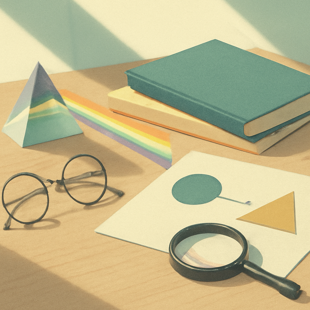 Study desk with prism, lenses, and notes