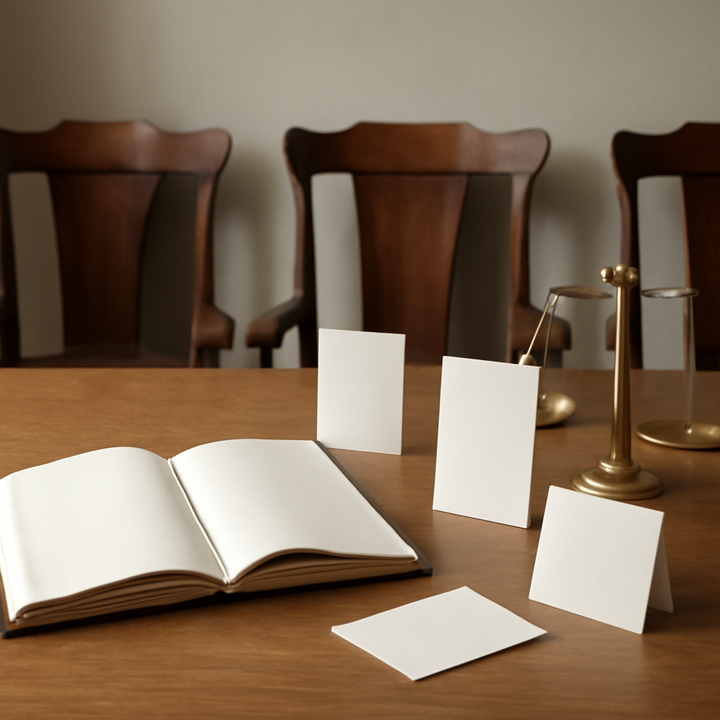 Blank civic chamber still life with an open notebook, cards, chairs, and a small scale