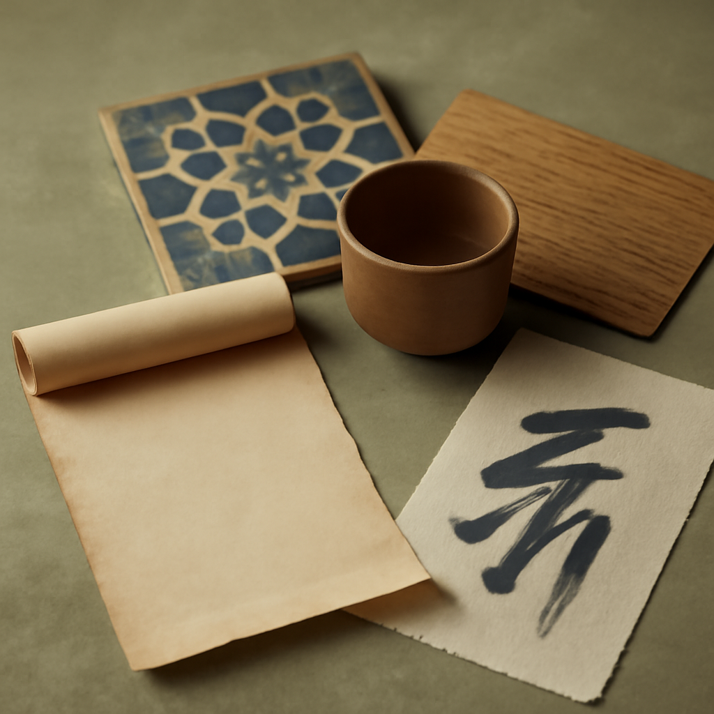 Cross-cultural philosophy still life with paper, tile, clay, and ink